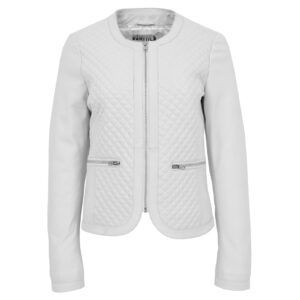 Joan Damen Lederjacke Kragenlos Weiß gesteppt