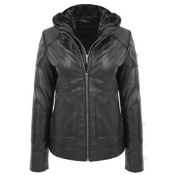 Brooke Damen Leder-Mantel mit abnehmbarer Kapuze Schwarz