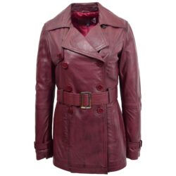 Damen Leder Trenchcoat Zweireihig Sienna Burgund