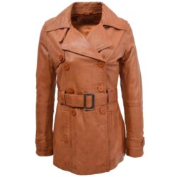 Damen Leder-Trenchcoat in Tan – zweireihiger eleganter Ledermantel mit klassischem Schnitt und stilvollem Design