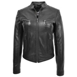 Becky Damen Lederjacke mit Stehkragen Schwarz