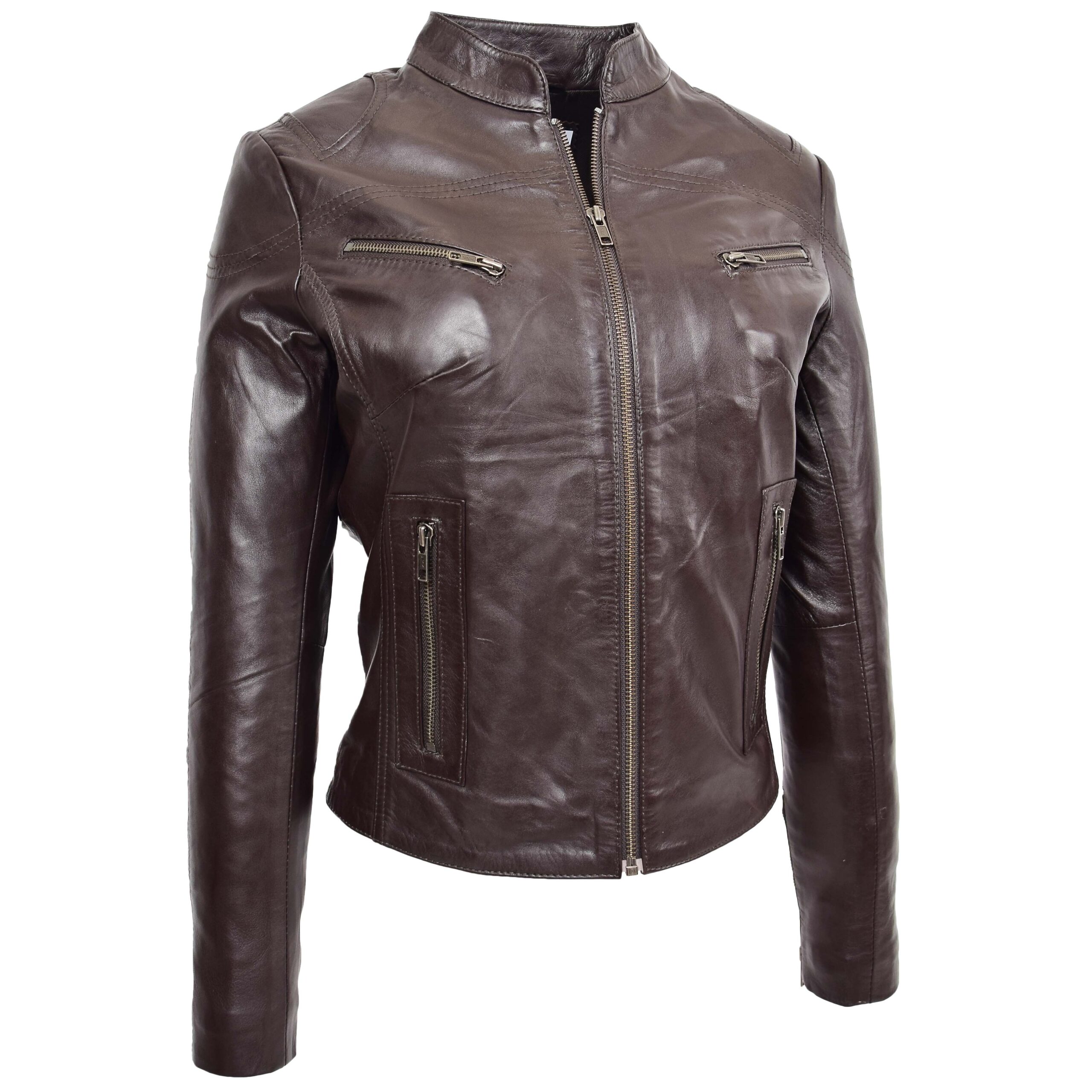 Damen Lederjacke Becky Stehkragen Braun - Image 3