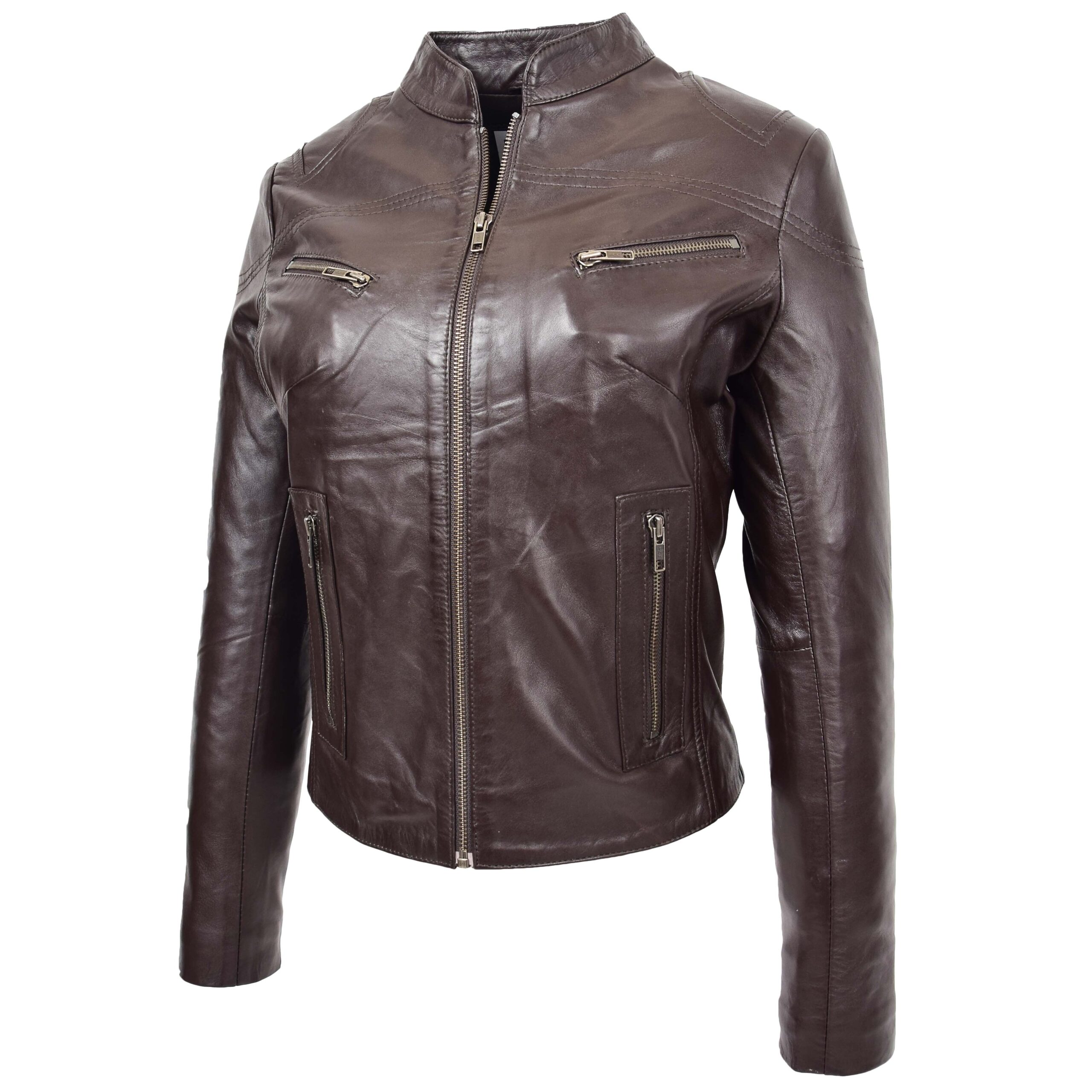Damen Lederjacke Becky Stehkragen Braun - Image 4