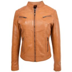Becky Damen Lederjacke Stehkragen Tan
