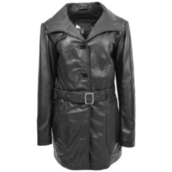 Shania Damen Ledermantel Schwarz mit Gürtel