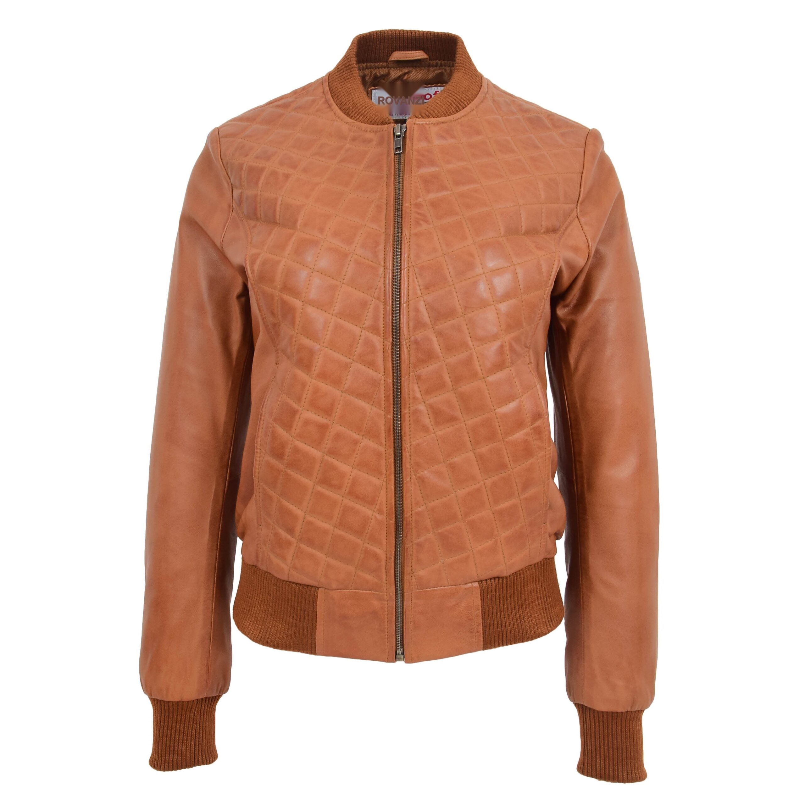 Damen Leder Bomberjacke Sally Tan Gesteppt