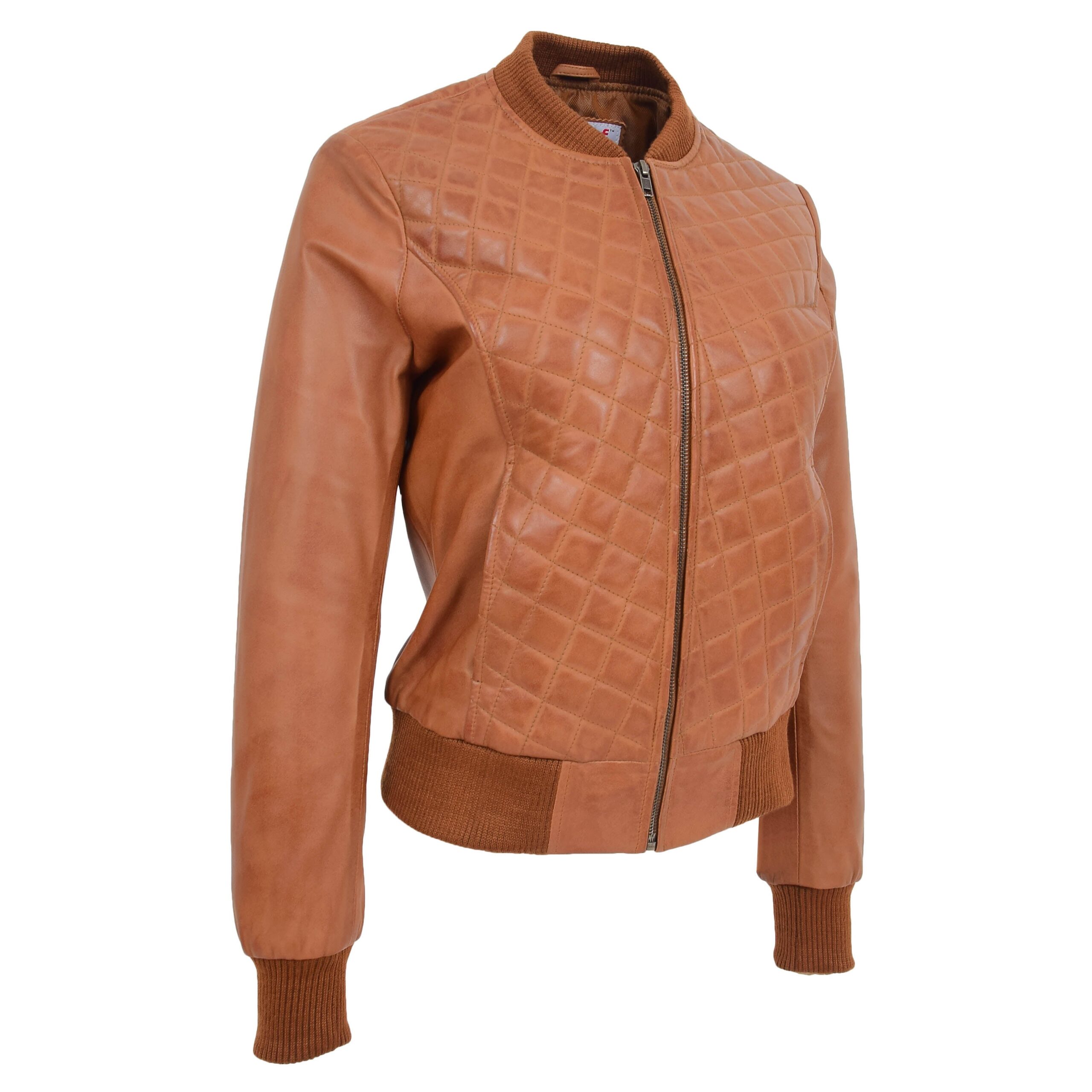 Damen Leder Bomberjacke Sally Tan Gesteppt - Image 4