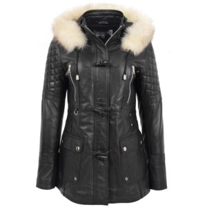 Damen Duffle-Lederjacke Ariel Schwarz