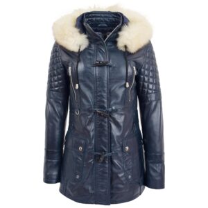 Damen Duffle-Mantel aus Leder in Ariel-Blau