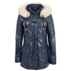 Damen Duffle-Mantel aus Leder in Ariel-Blau – Vorderansicht
