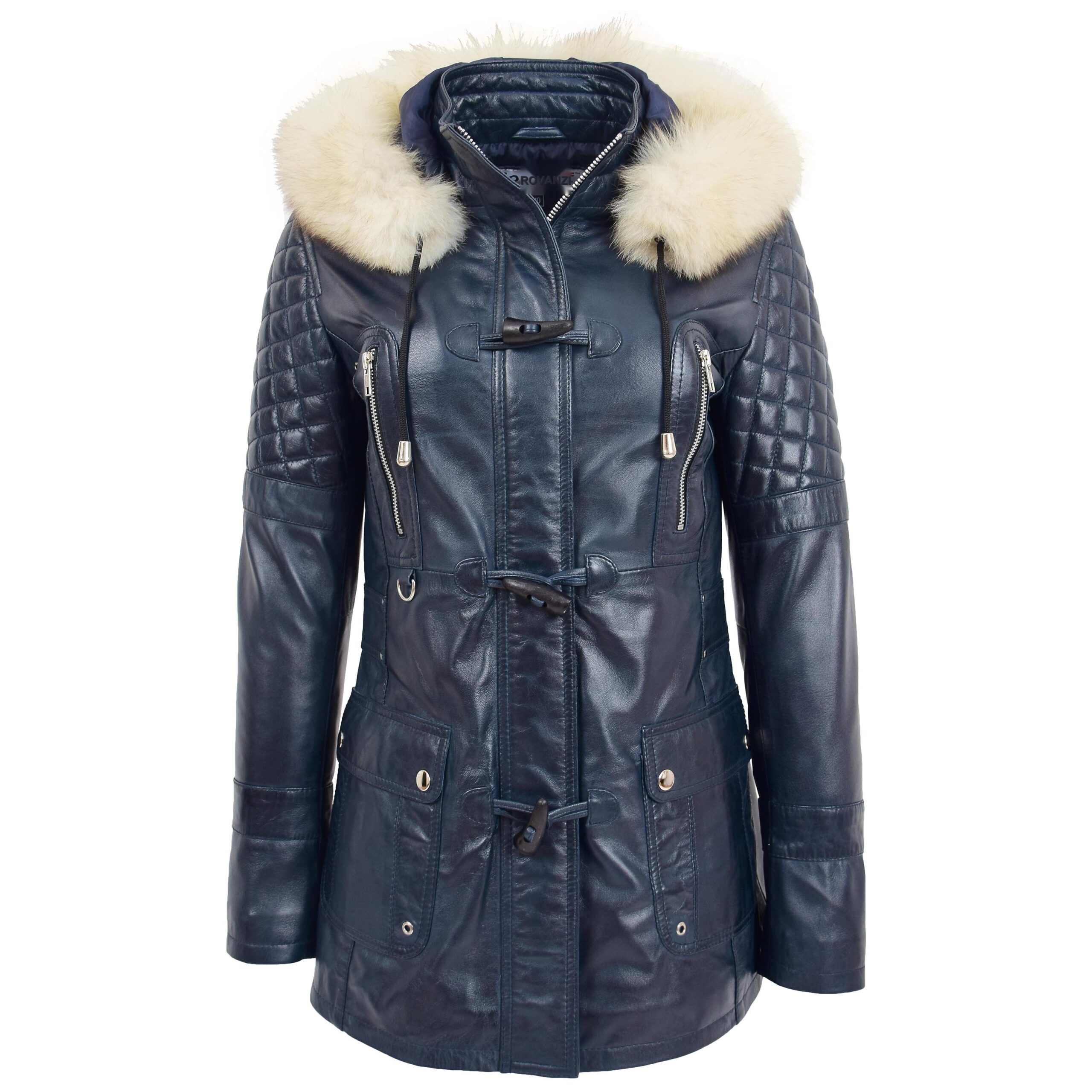 Damen Duffle-Mantel aus Leder in Ariel-Blau – Vorderansicht