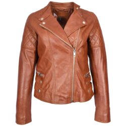 Molly Damen Leder Bikerjacke im klassischen Cross-Zip-Stil – Kastanienbraun