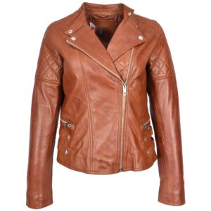 Molly Damen Leder Bikerjacke im klassischen Cross-Zip-Stil – Kastanienbraun