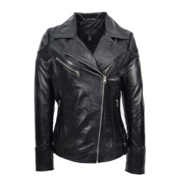 Damen Bikerjacke aus echtem Leder in Kirschschwarz mit Cross-Zip