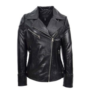 Damen Bikerjacke aus echtem Leder in Kirschschwarz mit Cross-Zip