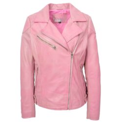 Damen Bikerjacke aus Echtleder in Kirschrosa mit Cross-Zip