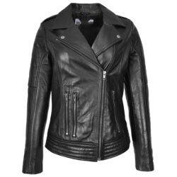 Damen Bikerjacke aus echtem Leder in Schwarz mit Reißverschluss