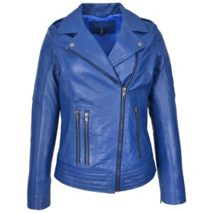 Damen Bikerjacke aus echtem Leder in Blau mit Reißverschluss
