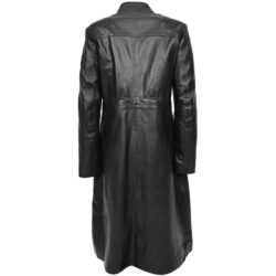 Rückansicht Leila Damen Ledermantel Schwarz – langer Leder-Trenchcoat mit stilvoller Passform