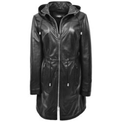 Damen Leder-Parka in Schwarz mit Kapuze – hochwertiger Echtleder Mantel für Damen mit modernem Parka-Design