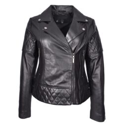 Damen Biker Lederjacke Schwarz Gesteppt mit Cross-Reißverschluss