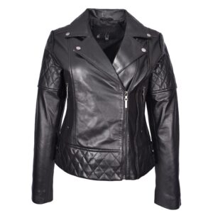 Damen Biker Lederjacke Schwarz Gesteppt mit Cross-Reißverschluss
