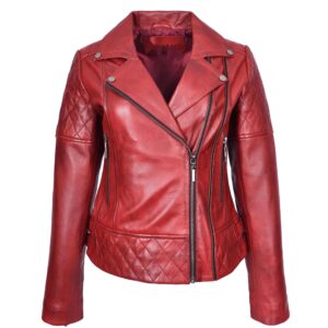 Damen Biker-Lederjacke in Dunkelrot mit Cross-Zip