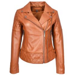 Damen Biker-Lederjacke Nixi Tan mit gesteppten Details