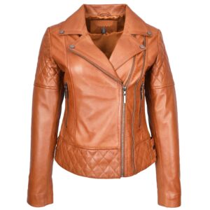 Damen Biker-Lederjacke Nixi Tan mit gesteppten Details