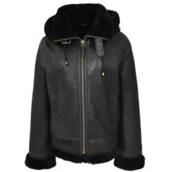 Naomi Damen Lammfelljacke mit abnehmbarer Kapuze Schwarz