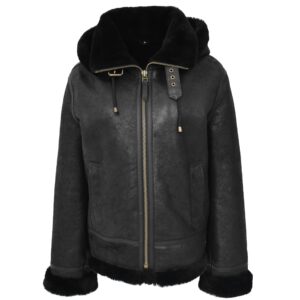 Naomi Damen Lammfelljacke mit abnehmbarer Kapuze Schwarz