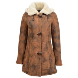 Damen Dufflecoat aus Lammfell in Vintage Braun Vorderansicht