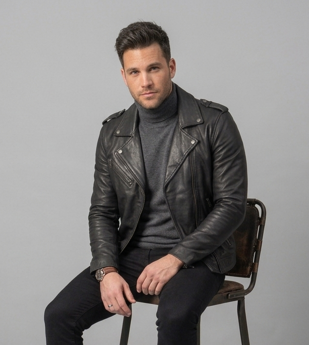 Mann sitzt auf einem Stuhl und trägt eine schwarze Rovanzi Herren Biker-Lederjacke mit grauem Rollkragenpullover – Herren Bikerjacken.