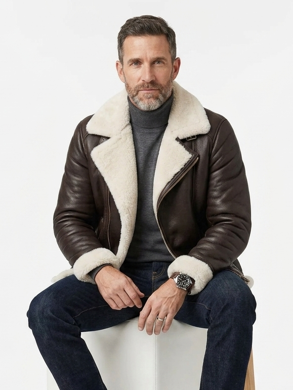Rovanzi Herren-Lammfelljacke aus dunkelbraunem Leder mit hellem Shearling-Kragen und grauem Rollkragenpullover.