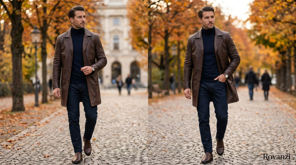 Mann in einem eleganten Dreiviertelmantel aus braunem Leder kombiniert mit dunkler Jeans und Chelsea Boots im Herbst