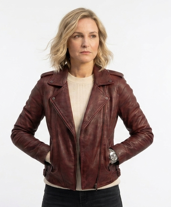 Blonde Frau trägt eine rotbraune Rovanzi Damen Biker-Lederjacke mit beigem Stricks pullover – Damen Bikerjacken.