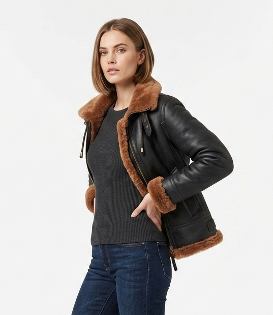 Frau trägt eine schwarze Rovanzi Damen-Lammfelljacke mit braunem Shearling-Innenfutter und Stehkragen – Damen Lammfelljacken.